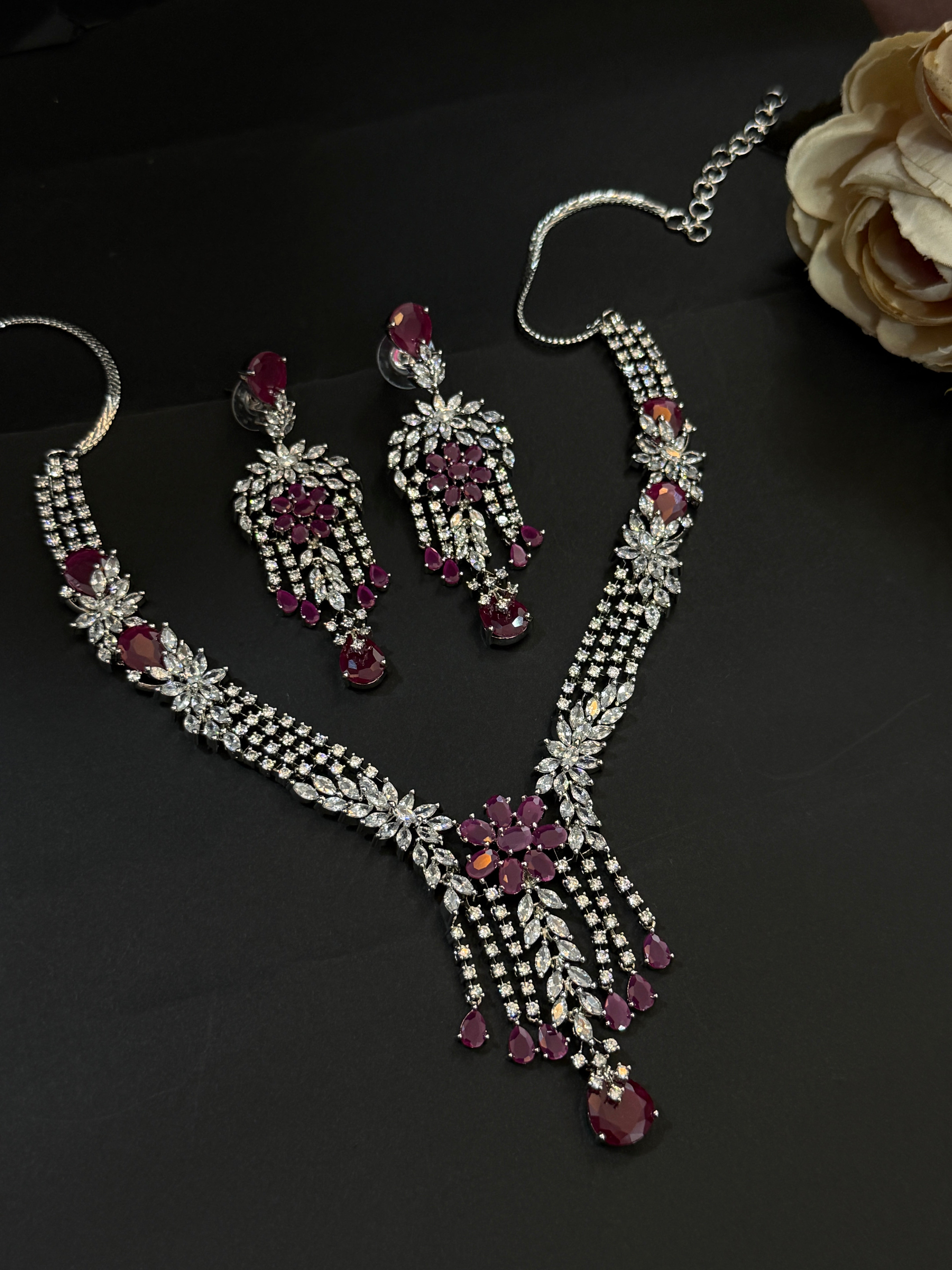 Mivanaa luxury Ruby Red CZ Stone Necklace Set